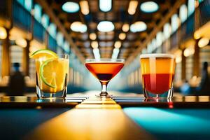 three different types of drinks on a bar. AI-Generated photo