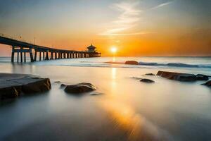 the sun sets over a pier and rocks. AI-Generated photo