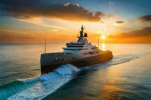 the yacht is sailing at sunset. AI-Generated photo