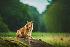 a dog sitting on a rock in the middle of a field. AI-Generated photo