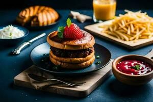 a hamburger with a strawberry on top and french fries. AI-Generated photo