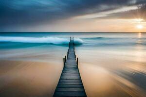 a long exposure photograph of a wooden pier stretching into the ocean. AI-Generated photo