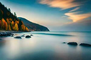 a long exposure photograph of a beach and trees. AI-Generated photo