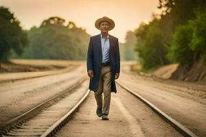 a man in a suit and hat walking on railroad tracks. AI-Generated photo