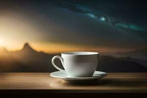 a cup of coffee on a table in front of a mountain. AI-Generated photo