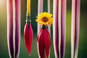 un flor es colgando desde un cuerda de vistoso flores generado por ai foto