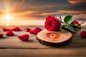 rojo rosas en un de madera mesa con puesta de sol en el antecedentes. generado por ai foto