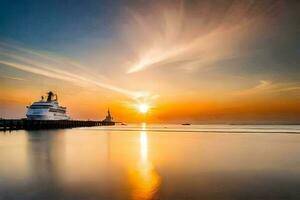 un crucero Embarcacion atracado a el muelle a puesta de sol. generado por ai foto