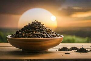 a bowl of black tea on a wooden table. AI-Generated photo