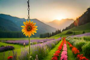 girasol en el campo, montañas, flores, naturaleza, hd fondo de pantalla. generado por ai foto