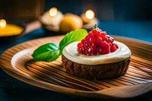 a dessert with a redberry on top on a wooden plate. AI-Generated photo