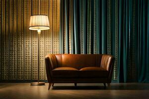 un cuero sofá en frente de un lámpara. generado por ai foto