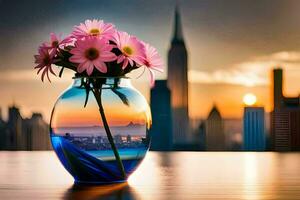 flowers in a vase on a table with a city in the background. AI-Generated photo