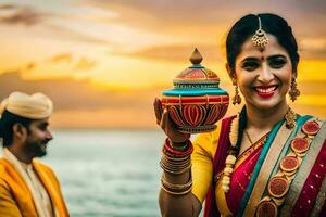 un hermosa indio novia y novio. generado por ai foto