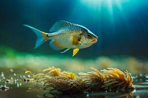 un pescado nadando en el agua con algas. generado por ai foto