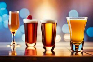 four different types of beer are lined up on a table. AI-Generated photo