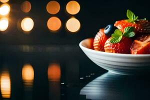 a bowl of strawberries and blueberries on a table. AI-Generated photo