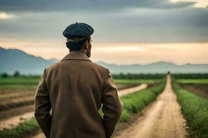 a man in a hat stands in the middle of a dirt road. AI-Generated photo