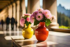 two vases with flowers sitting on a table. AI-Generated photo