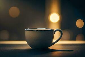 a coffee cup sitting on a table in front of a blurry background. AI-Generated photo