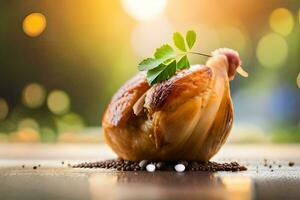 a roasted chicken on a wooden table with a leaf. AI-Generated photo