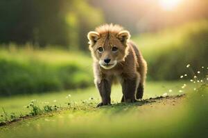 un león cachorro caminando mediante un campo a puesta de sol. generado por ai foto