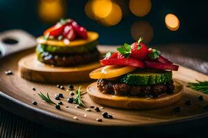 dos hamburguesas con vegetales en un de madera tablero. generado por ai foto