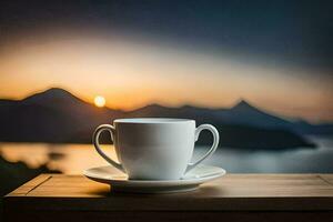 a cup of coffee on a table with a view of the mountains. AI-Generated photo