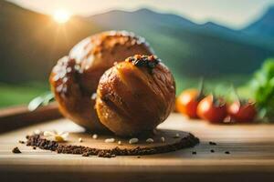 two pieces of bread on a wooden cutting board with a mountain in the background. AI-Generated photo