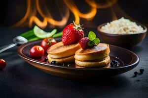 pancakes with strawberries and rice on a black background. AI-Generated photo