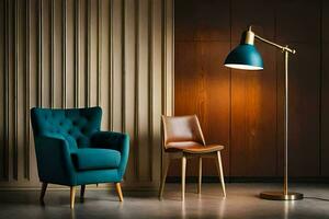 a blue chair and a lamp in a room. AI-Generated photo