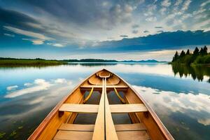 un canoa es flotante en el calma aguas de un lago. generado por ai foto