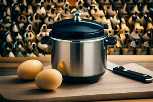 a large stainless steel pot with two eggs on a cutting board. AI-Generated photo