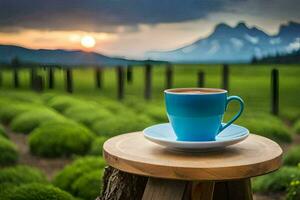 a cup of coffee on a wooden table in the middle of a field. AI-Generated photo