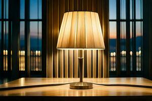 a lamp on a table in front of a window. AI-Generated photo