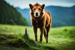 a lion standing in the grass with a mountain in the background. AI-Generated photo