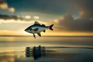 a fish is flying over the water at sunset. AI-Generated photo