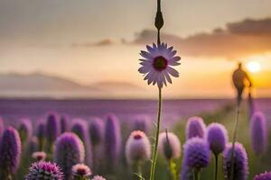 a man and a woman are walking through a field of purple flowers. AI-Generated photo