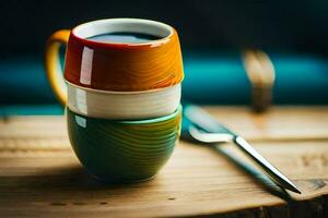 colorful coffee cups on a wooden table. AI-Generated photo