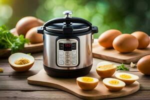 an electric pressure cooker with eggs and other ingredients. AI-Generated photo