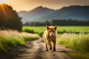 photo wallpaper the sky, road, dog, sunset, the mountains, person, person, the. AI-Generated