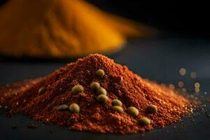 a pile of spices and spices on a black background. AI-Generated photo
