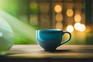 a blue cup sitting on a wooden table in front of a blurred background. AI-Generated photo
