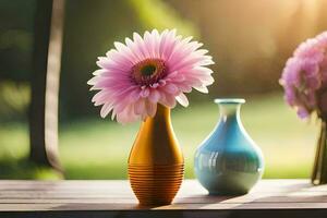 two vases with flowers on a table. AI-Generated photo