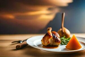 a plate with chicken and vegetables on a table. AI-Generated photo