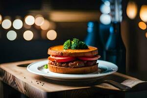a hamburger on a plate with a bottle of wine. AI-Generated photo