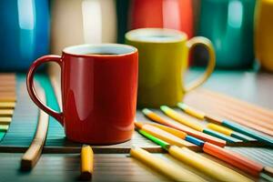 colorful coffee cups and pencils on a table. AI-Generated photo