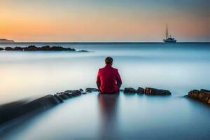 un hombre sentado en rocas a el Oceano a puesta de sol. generado por ai foto