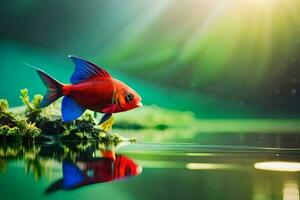 un rojo pescado es en pie en el agua con un verde antecedentes. generado por ai foto