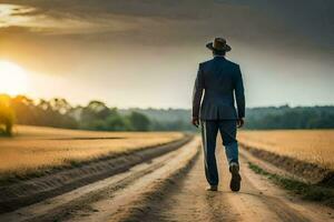 un hombre en un traje y sombrero caminando abajo un suciedad la carretera. generado por ai foto